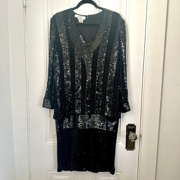 JUDITH ANN CREATIONS Pure Silk Lined Fully‎ Beaded Drop Waist Dress Sz Medium